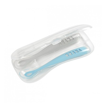 CONJUNTO 2 COLHERES SILICONE 1ª IDADE + CAIXA TRANSPORTE