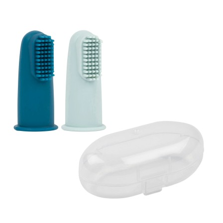 CONJUNTO ESCOVAS DE DENTES DEDAL AZUL + CAIXA TRANSPORTE