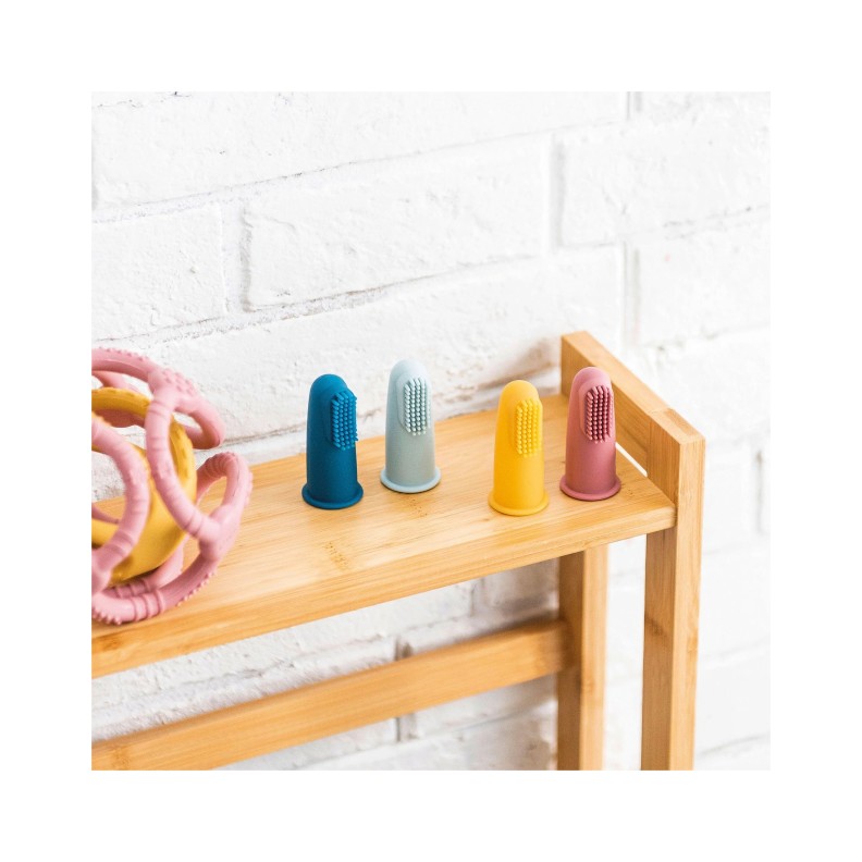 CONJUNTO ESCOVAS DE DENTES DEDAL ROSA E AMARELO + CAIXA TRANSPORTE