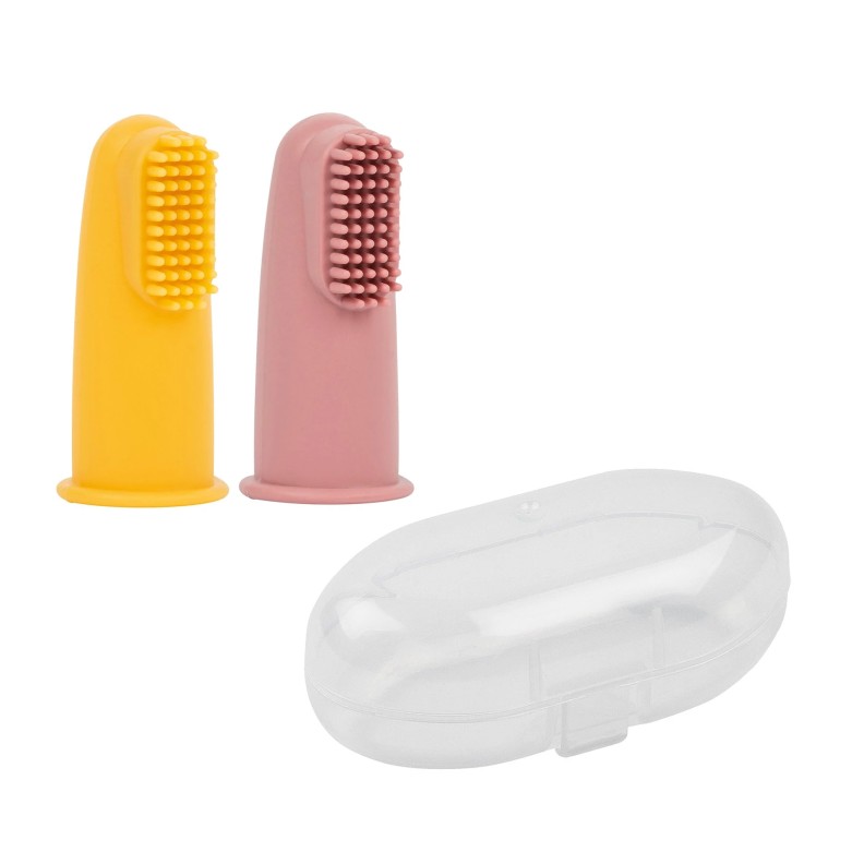 CONJUNTO ESCOVAS DE DENTES DEDAL ROSA E AMARELO + CAIXA TRANSPORTE